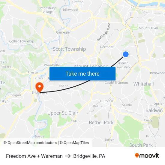 Freedom Ave + Wareman to Bridgeville, PA map