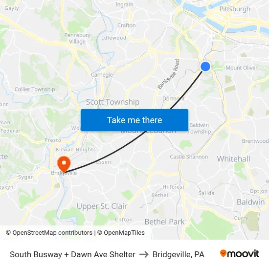 South Busway + Dawn Ave Shelter to Bridgeville, PA map