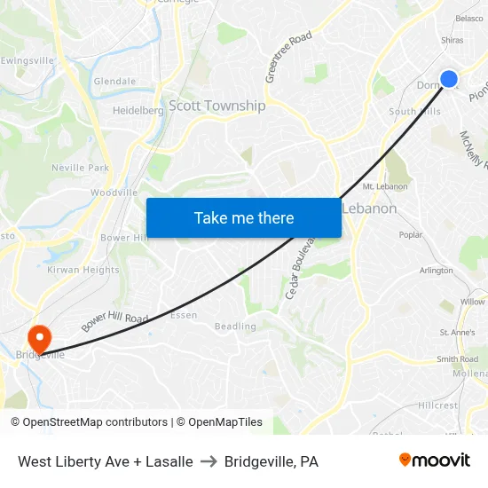 West Liberty Ave + Lasalle to Bridgeville, PA map