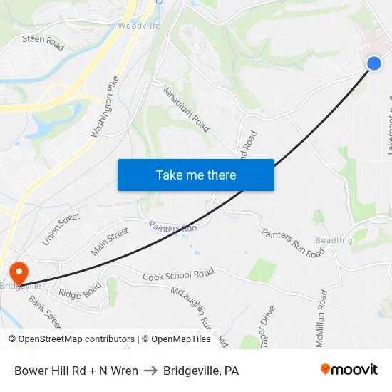 Bower Hill Rd + N Wren to Bridgeville, PA map