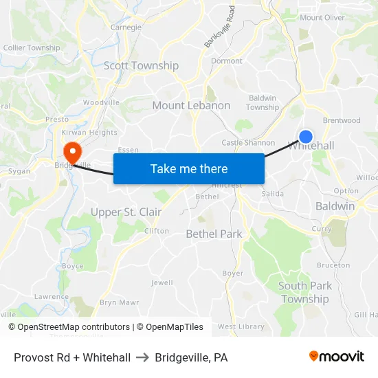 Provost Rd + Whitehall to Bridgeville, PA map