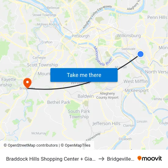 Braddock Hills Shopping Center + Giant Eagle to Bridgeville, PA map