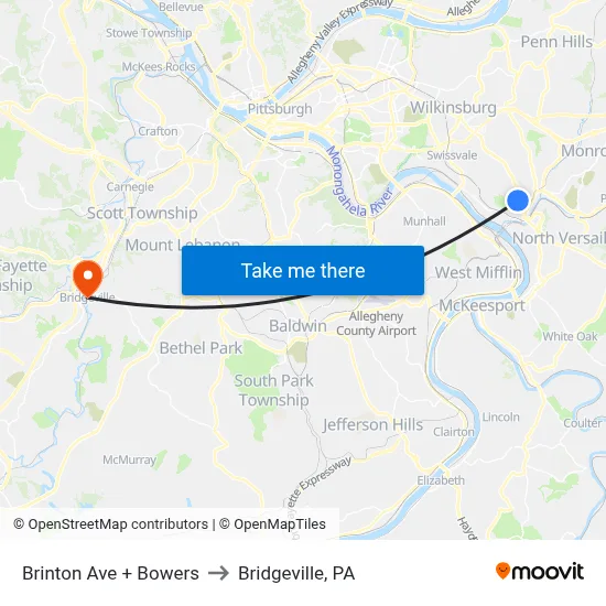 Brinton Ave + Bowers to Bridgeville, PA map