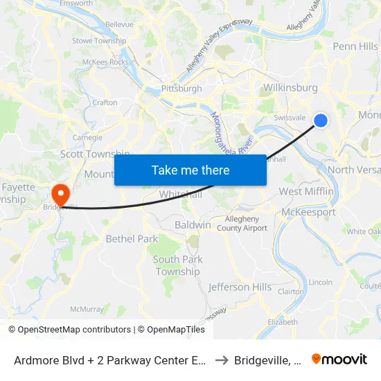 Ardmore Blvd + 2 Parkway Center East to Bridgeville, PA map