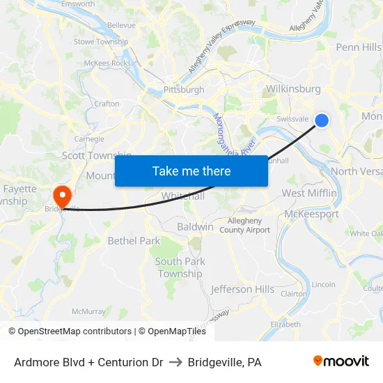 Ardmore Blvd + Centurion Dr to Bridgeville, PA map