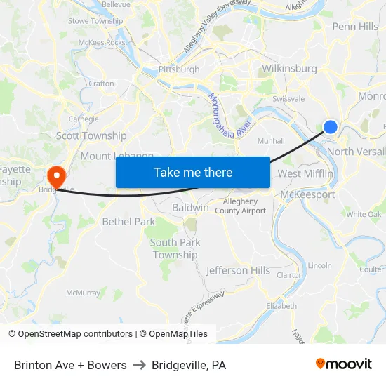 Brinton Ave + Bowers to Bridgeville, PA map