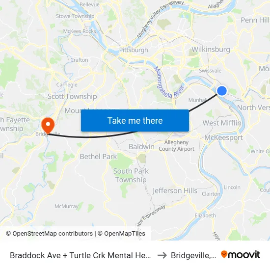 Braddock Ave + Turtle Crk Mental Health Ctr to Bridgeville, PA map