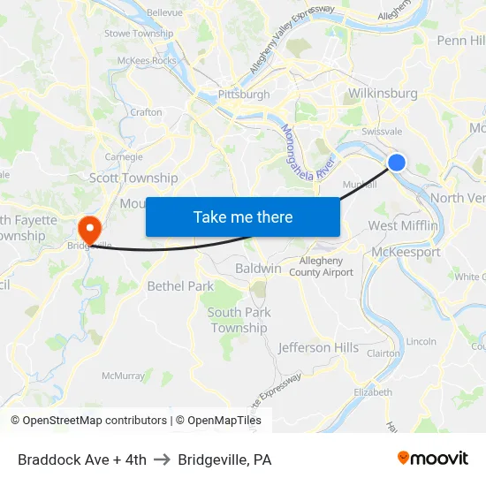 Braddock Ave + 4th to Bridgeville, PA map