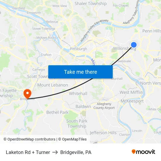 Laketon Rd + Turner to Bridgeville, PA map
