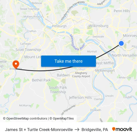 James St + Turtle Creek-Monroeville to Bridgeville, PA map