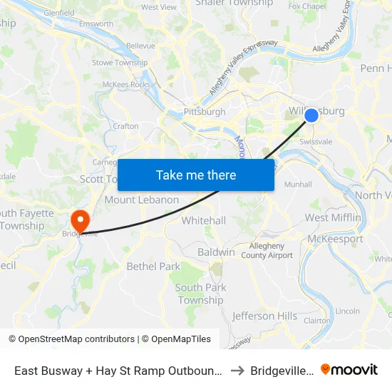 East Busway + Hay St Ramp Outbound Shelter to Bridgeville, PA map