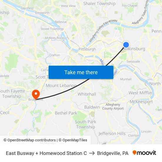 East Busway + Homewood Station C to Bridgeville, PA map