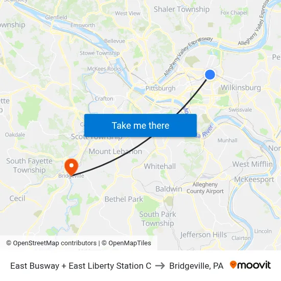 East Busway + East Liberty Station C to Bridgeville, PA map