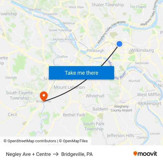 Negley Ave + Centre to Bridgeville, PA map