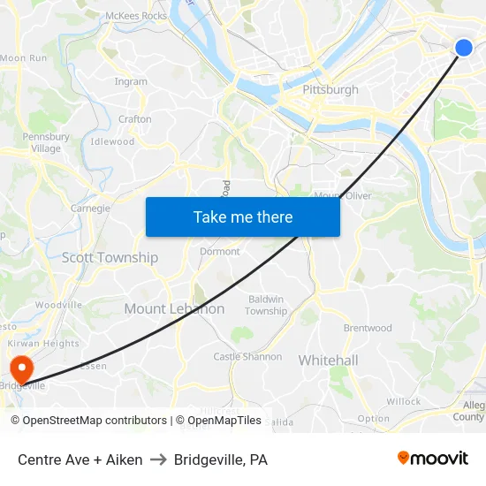 Centre Ave + Aiken to Bridgeville, PA map
