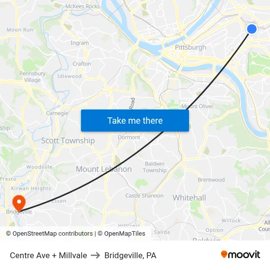 Centre Ave + Millvale to Bridgeville, PA map