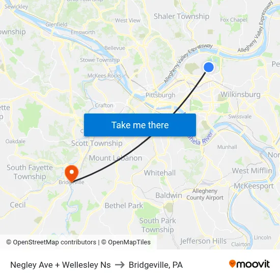 Negley Ave + Wellesley Ns to Bridgeville, PA map