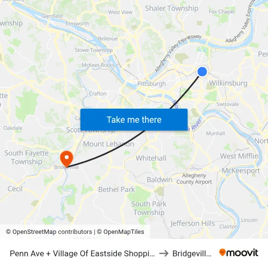 Penn Ave + Village Of Eastside Shopping Center to Bridgeville, PA map
