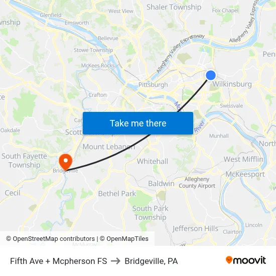 Fifth Ave + Mcpherson FS to Bridgeville, PA map