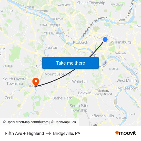 Fifth Ave + Highland to Bridgeville, PA map