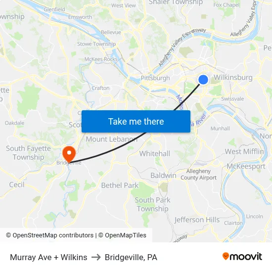 Murray Ave + Wilkins to Bridgeville, PA map