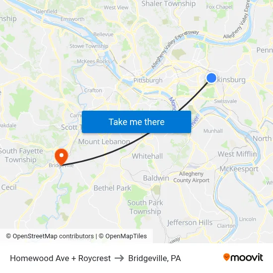 Homewood Ave + Roycrest to Bridgeville, PA map