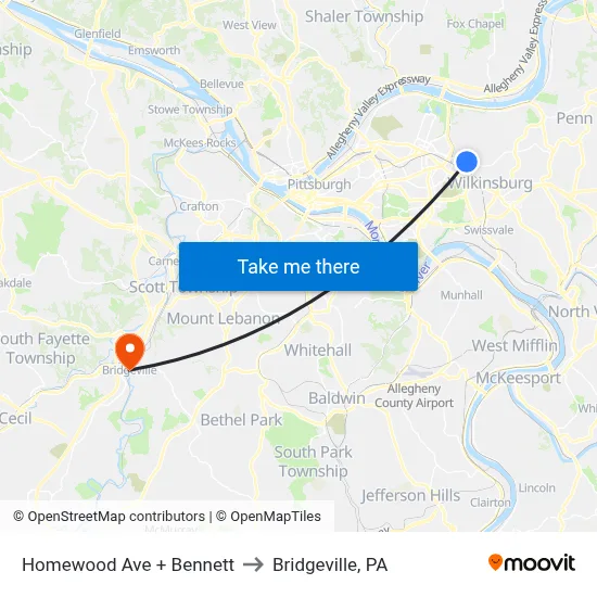 Homewood Ave + Bennett to Bridgeville, PA map