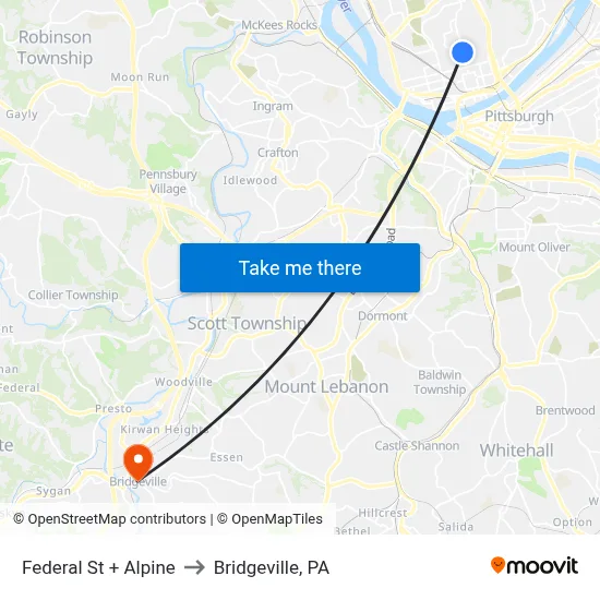 Federal St + Alpine to Bridgeville, PA map