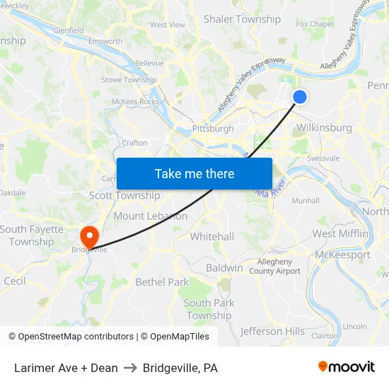 Larimer Ave + Dean to Bridgeville, PA map
