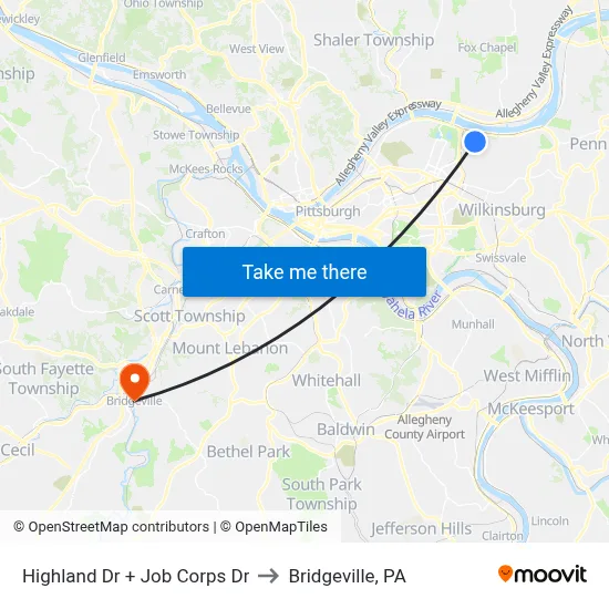 Highland Dr + Job Corps Dr to Bridgeville, PA map