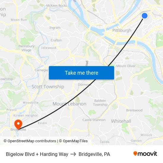 Bigelow Blvd + Harding Way to Bridgeville, PA map
