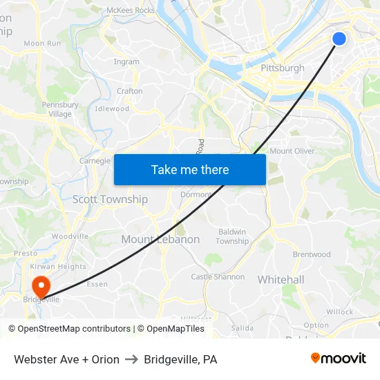 Webster Ave + Orion to Bridgeville, PA map