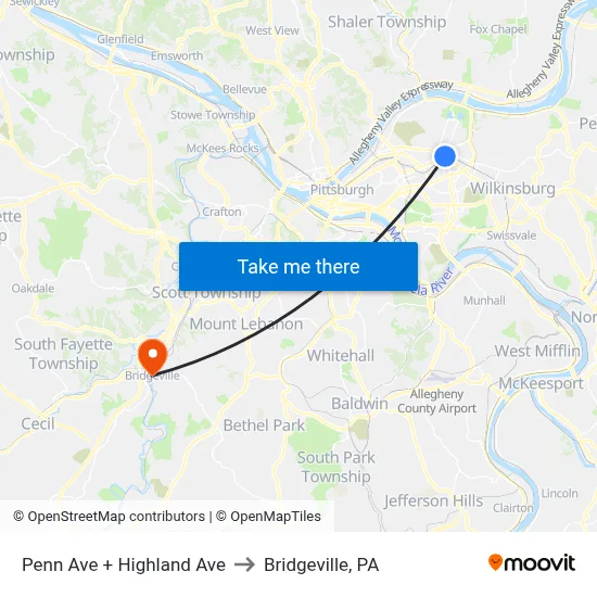 Penn Ave + Highland Ave to Bridgeville, PA map