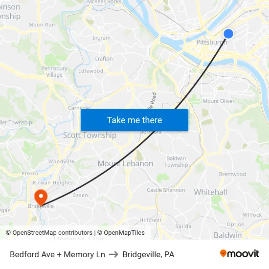 Bedford Ave + Memory Ln to Bridgeville, PA map
