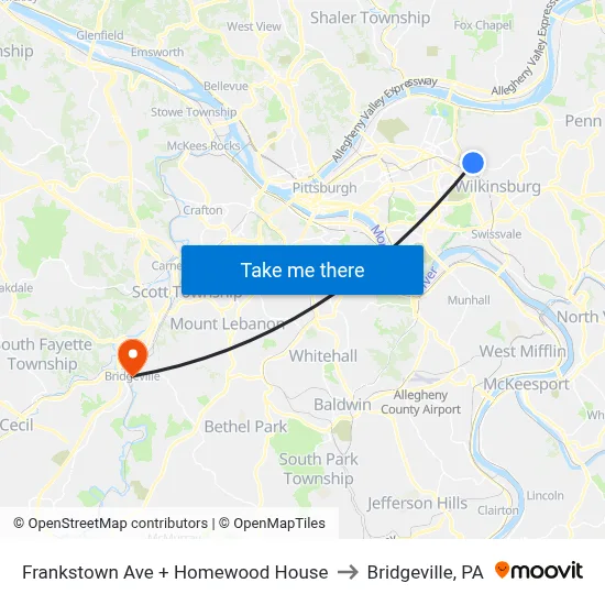 Frankstown Ave + Homewood House to Bridgeville, PA map