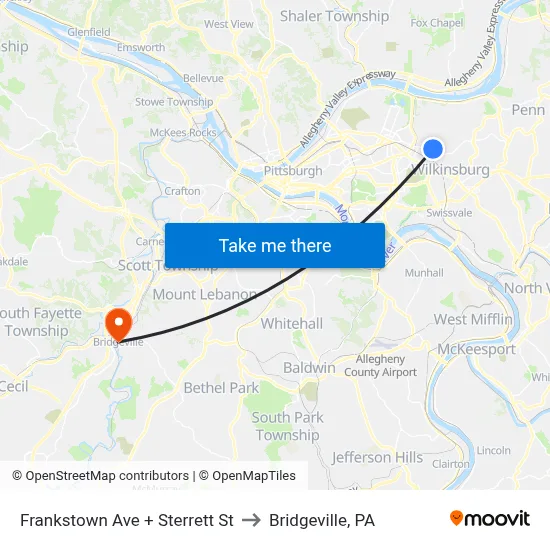 Frankstown Ave + Sterrett St to Bridgeville, PA map