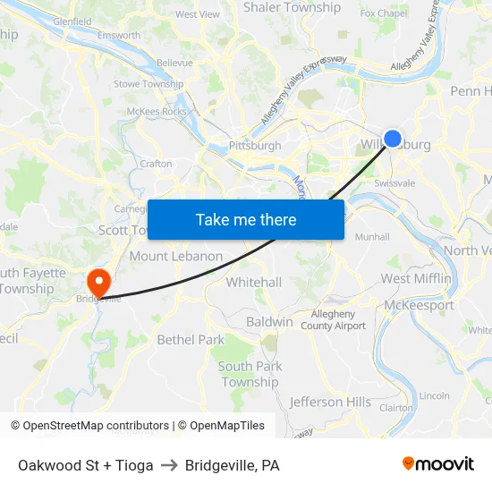 Oakwood St + Tioga to Bridgeville, PA map