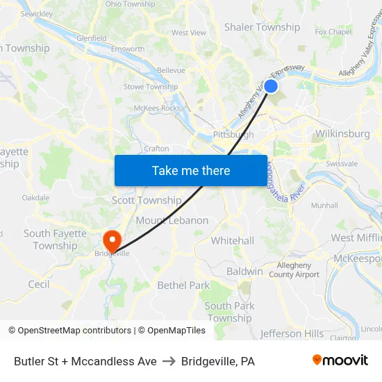 Butler St + Mccandless Ave to Bridgeville, PA map