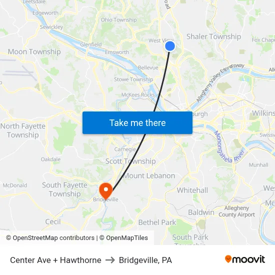 Center Ave + Hawthorne to Bridgeville, PA map