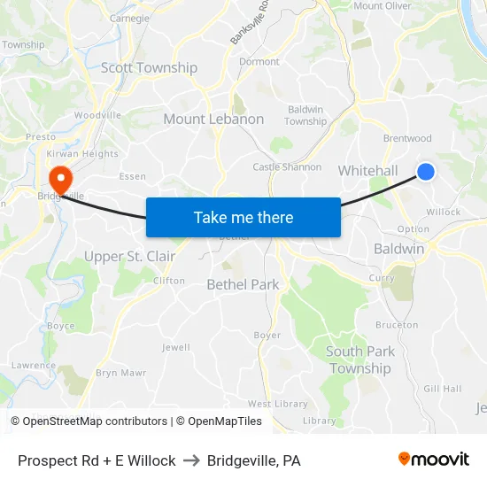 Prospect Rd + E Willock to Bridgeville, PA map