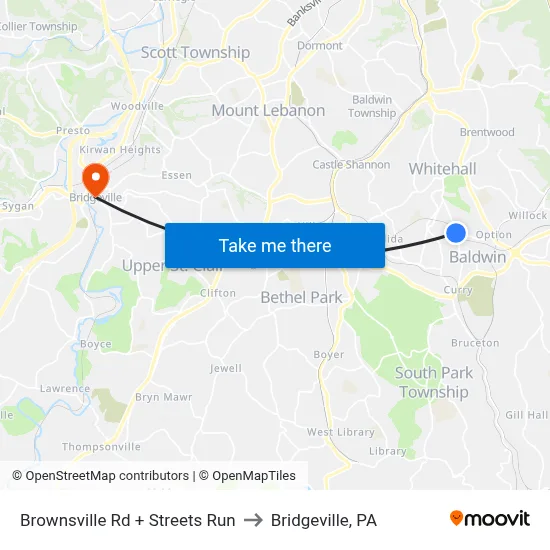 Brownsville Rd + Streets Run to Bridgeville, PA map