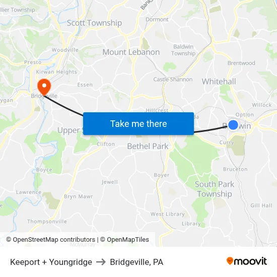 Keeport + Youngridge to Bridgeville, PA map