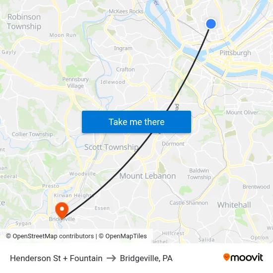 Henderson St + Fountain to Bridgeville, PA map