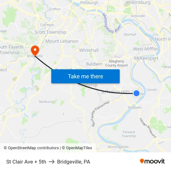 St Clair Ave + 5th to Bridgeville, PA map