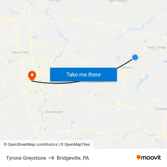 Tyrone Greystone to Bridgeville, PA map