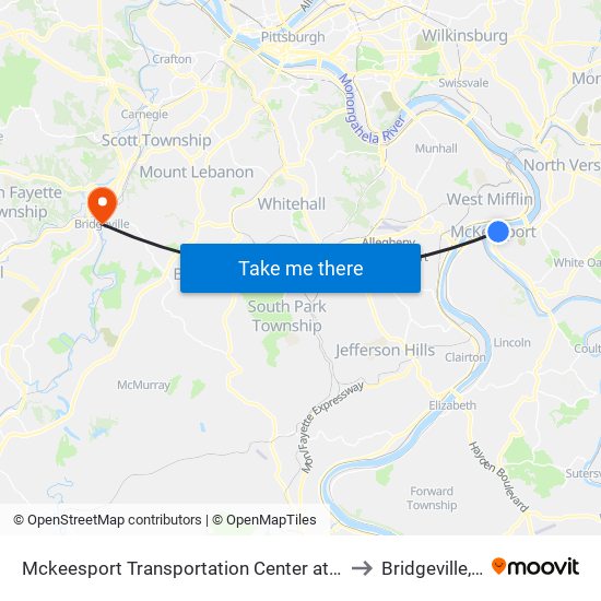 Mckeesport Transportation Center at Bay #2 to Bridgeville, PA map