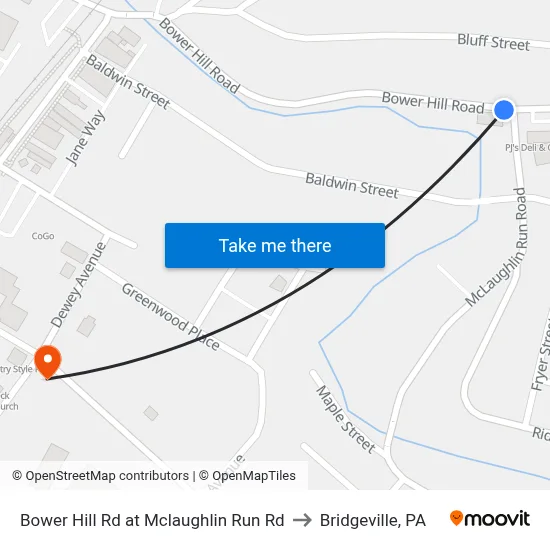 Bower Hill Rd at Mclaughlin Run Rd to Bridgeville, PA map