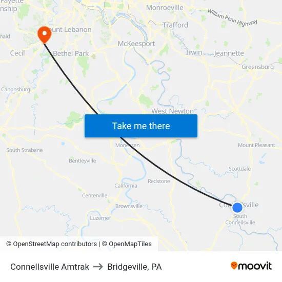 Connellsville Amtrak to Bridgeville, PA map