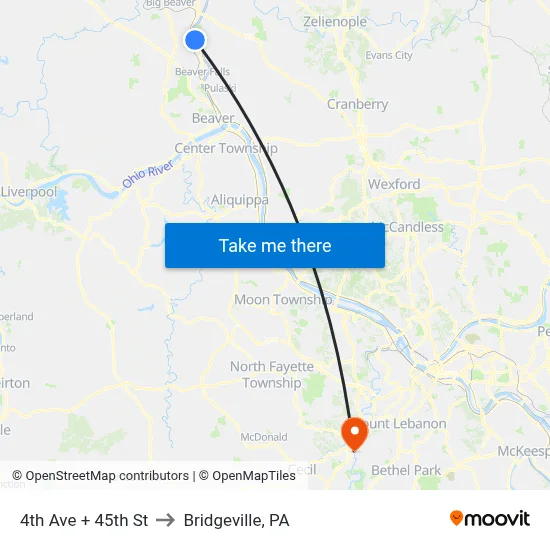4th Ave + 45th St to Bridgeville, PA map