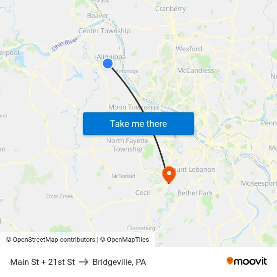 Main St + 21st St to Bridgeville, PA map